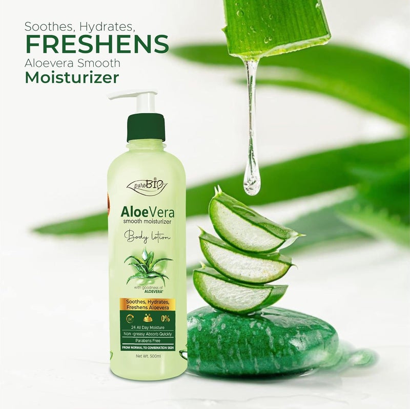PuroBIO Purobio Aloe Vera Smooth Moisturizer Body Lotion for Women Men Gives NonGreasy Glowing Skin For All Skin Types 500ml  - Image 4