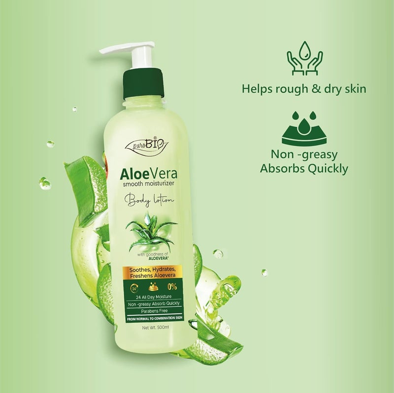 PuroBIO Purobio Aloe Vera Smooth Moisturizer Body Lotion for Women Men Gives NonGreasy Glowing Skin For All Skin Types 500ml  - Image 2