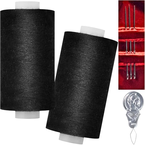 QCZKB All Purpose Sewing Thread2 Spools of Hand Polyester Sewing Thread with 3needles 1 Needle Threader for Sewing Machine for Hand and Machine SewingBlack 2 spools - Image 1