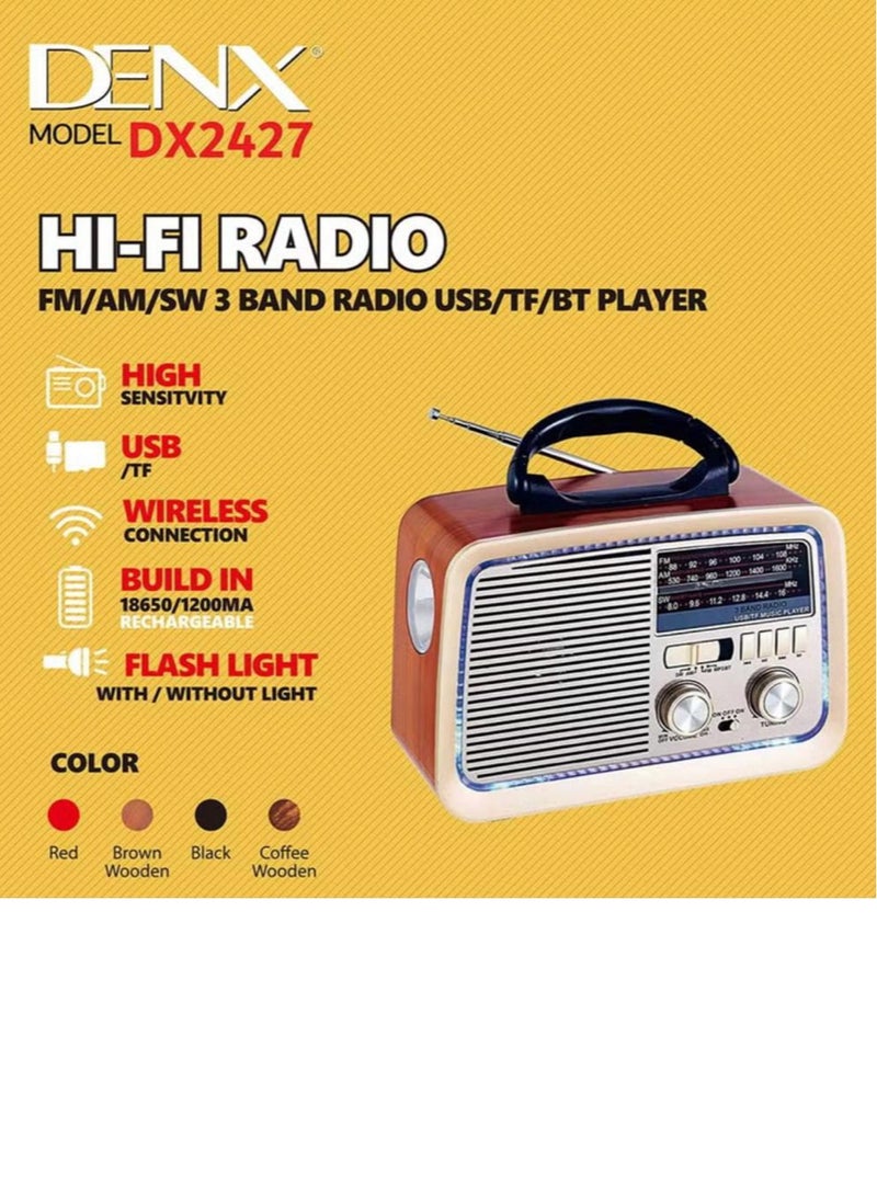Denx USB HI-FI Dinex Radio 3 Channels FM - AM - SW Gold/Brown/Black Bluetooth AUX TF Card USB Flash Disk  - Image 3