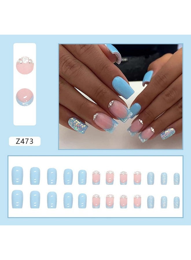 24 قطعة أظافر صناعية قصيرة مربعة الشكل من Coffin بأظافر صناعية زرقاء لامعة مع أحجار الراين بتصميم رائع وتغطية كاملة لأظافر صناعية زرقاء للنساء والفتيات وزخارف أظافر أكريليك - Image 1
