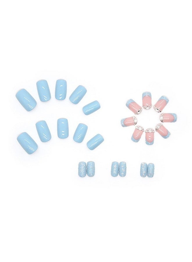 24 قطعة أظافر صناعية قصيرة مربعة الشكل من Coffin بأظافر صناعية زرقاء لامعة مع أحجار الراين بتصميم رائع وتغطية كاملة لأظافر صناعية زرقاء للنساء والفتيات وزخارف أظافر أكريليك - Image 2