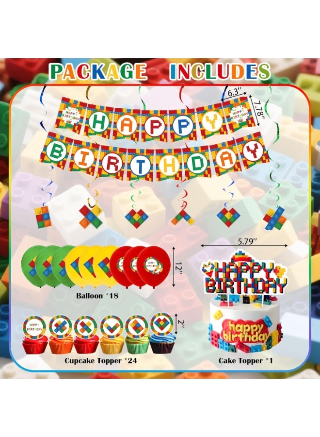 كيلا 64 قطعة من زينة حفلات أعياد الميلاد ذات طابع مكعبات البناء، تتضمن مكعبات ملونة وبالونات ولافتات وزينة للكعك/الكب كيك وديكور معلق ومجموعة لوازم حفلات أعياد الميلاد للأولاد والبنات - Image 3