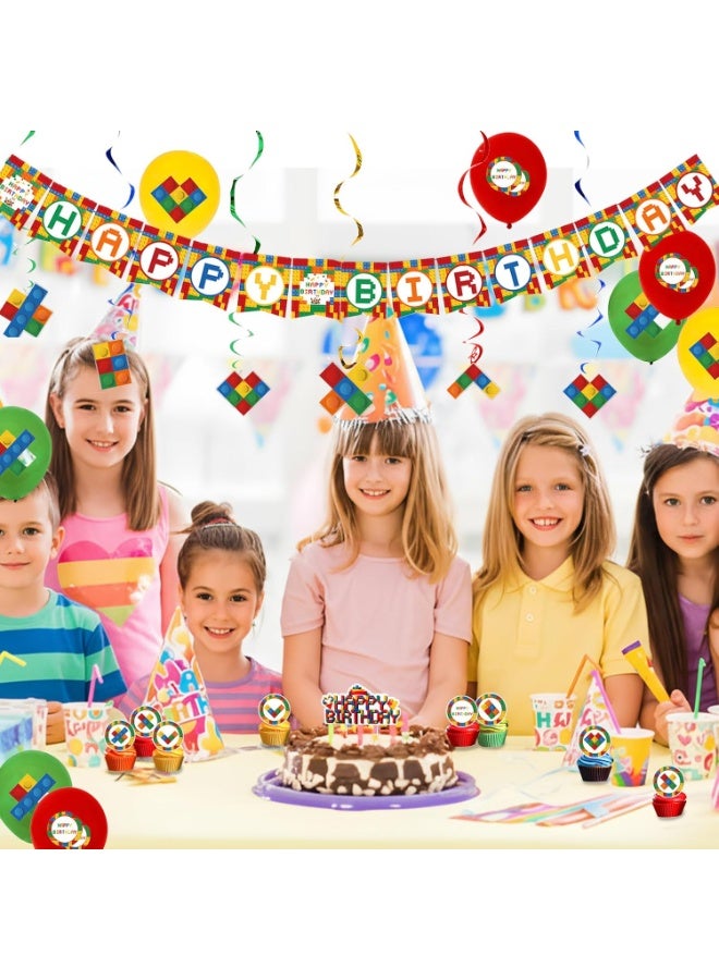 كيلا 64 قطعة من زينة حفلات أعياد الميلاد ذات طابع مكعبات البناء، تتضمن مكعبات ملونة وبالونات ولافتات وزينة للكعك/الكب كيك وديكور معلق ومجموعة لوازم حفلات أعياد الميلاد للأولاد والبنات - Image 2