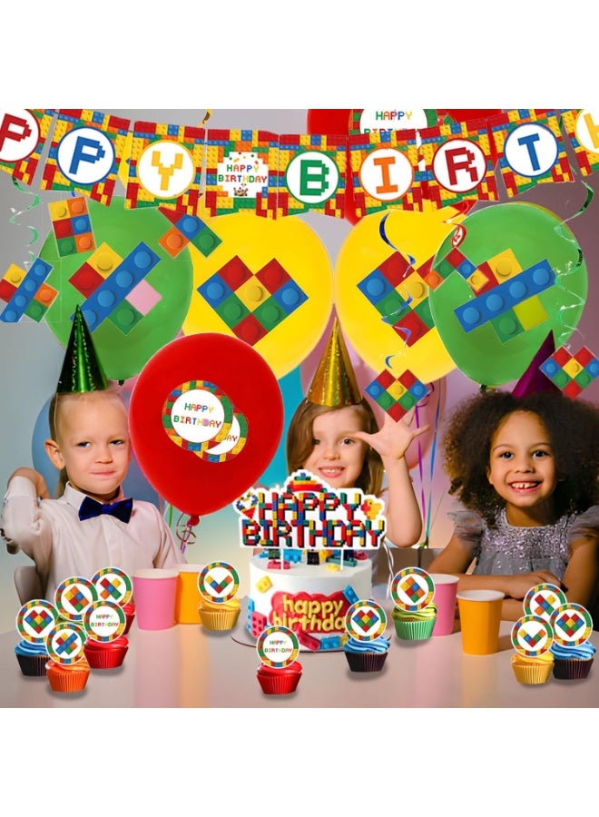 كيلا 64 قطعة من زينة حفلات أعياد الميلاد ذات طابع مكعبات البناء، تتضمن مكعبات ملونة وبالونات ولافتات وزينة للكعك/الكب كيك وديكور معلق ومجموعة لوازم حفلات أعياد الميلاد للأولاد والبنات - Image 5