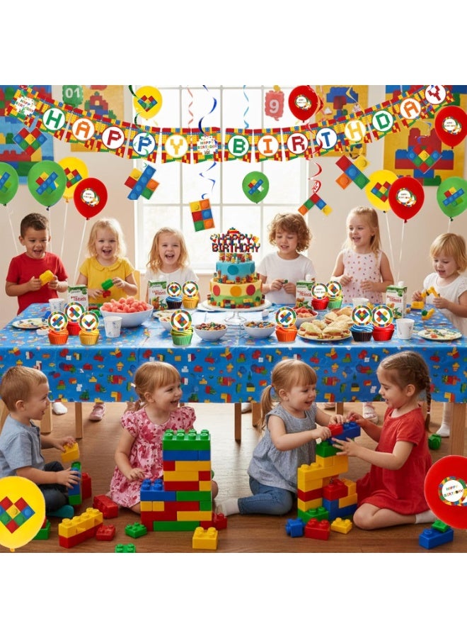 كيلا 64 قطعة من زينة حفلات أعياد الميلاد ذات طابع مكعبات البناء، تتضمن مكعبات ملونة وبالونات ولافتات وزينة للكعك/الكب كيك وديكور معلق ومجموعة لوازم حفلات أعياد الميلاد للأولاد والبنات - Image 4