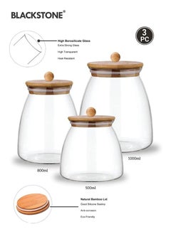 BLACKSTONE Glass Jar Canister 3Pc Set 500, 800, 1000 ML with Bamboo Lid Kitchen Container  - Image 2