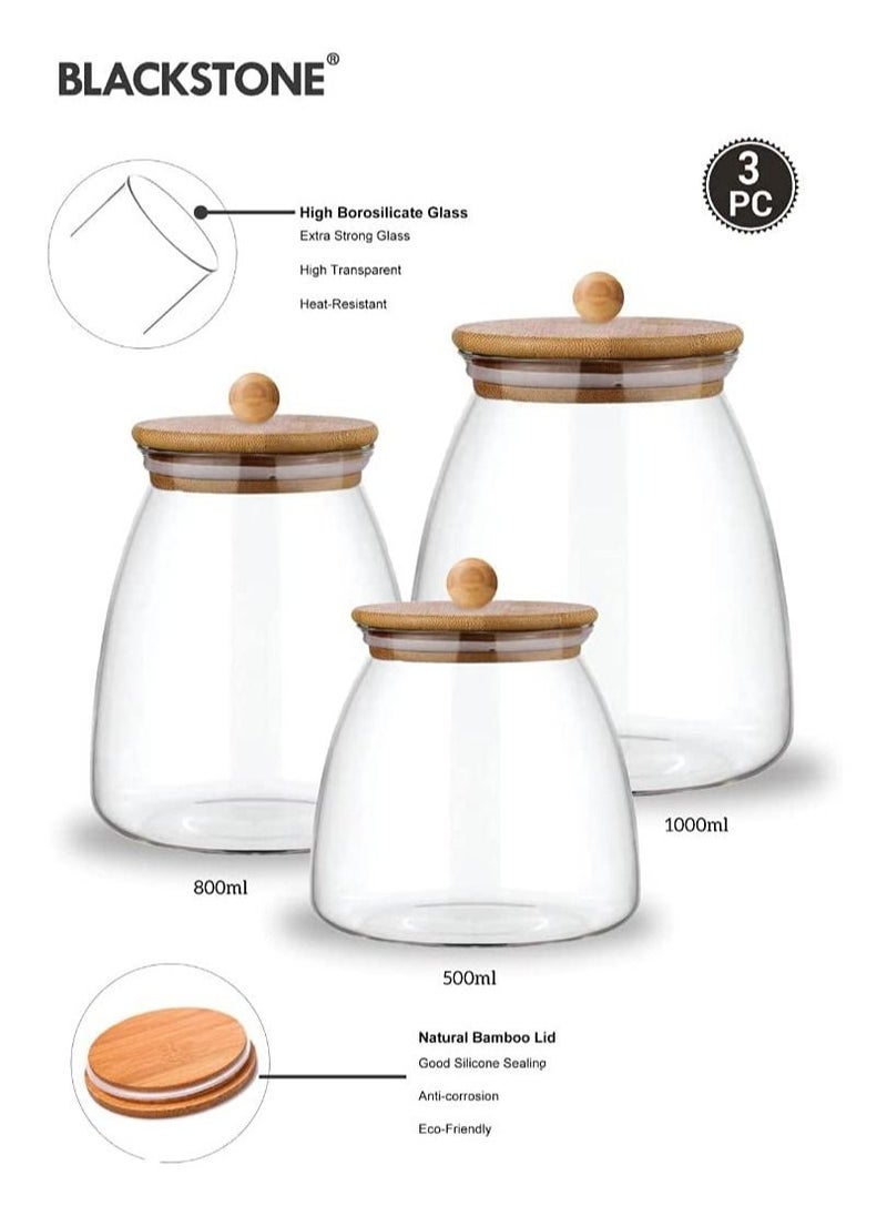 BLACKSTONE - Glass Jar Canister 3Pc Set 500, 800, 1000 ML with Bamboo Lid Kitchen Container - Image 1
