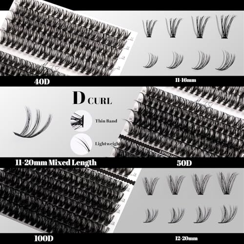 Magnetic SL DIY Lash Extensions Kit 320pcs Individual Lashes Clusters 40D 50D 100D D Curl Eyelash Extension Kit with Applicator and Lash Bond&Seal, Lash Remover For False Eyelash Mix 11-20mm (40D+50D+100D KIT) - Image 2