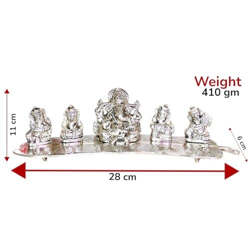 KridayKraft White Metal 5 Ganesh Silver Plated with Musical Instrument on Leaf for Home Décor Musical Ganesha for Home Décor of Corporate Gift, Diwali, House - Image 2