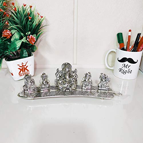 KridayKraft White Metal 5 Ganesh Silver Plated with Musical Instrument on Leaf for Home Décor Musical Ganesha for Home Décor of Corporate Gift, Diwali, House - Image 4