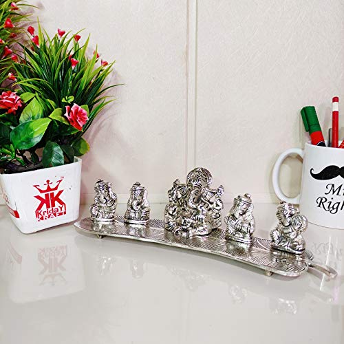 KridayKraft White Metal 5 Ganesh Silver Plated with Musical Instrument on Leaf for Home Décor Musical Ganesha for Home Décor of Corporate Gift, Diwali, House - Image 3