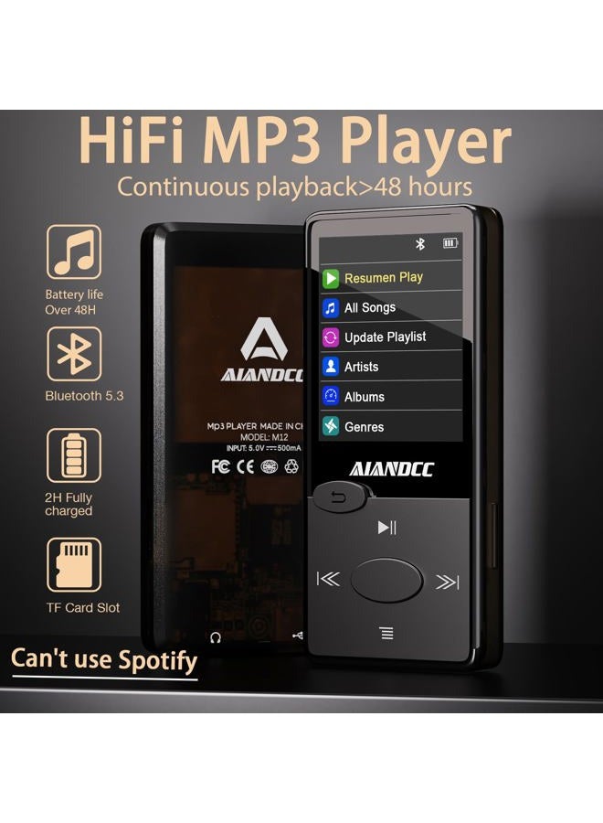 Aiandcc مشغل MP3 بسعة 128 جيجابايت مع بلوتوث 5.3 وصوت HiFi، مشغل MP3 مع راديو FM، مشغل موسيقى صغير للأطفال والبالغين، سماعات أذن متضمنة، يمكن إدخال بطاقة TF - Image 3