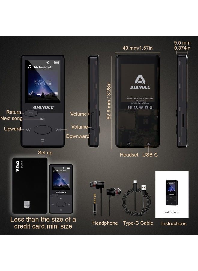 Aiandcc مشغل MP3 بسعة 128 جيجابايت مع بلوتوث 5.3 وصوت HiFi، مشغل MP3 مع راديو FM، مشغل موسيقى صغير للأطفال والبالغين، سماعات أذن متضمنة، يمكن إدخال بطاقة TF - Image 2