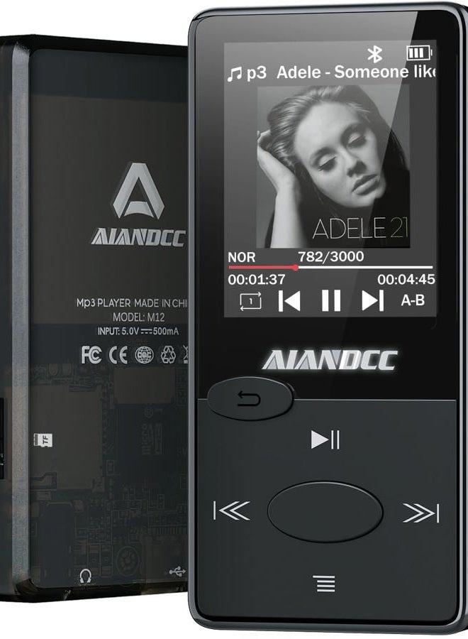 Aiandcc مشغل MP3 بسعة 128 جيجابايت مع بلوتوث 5.3 وصوت HiFi، مشغل MP3 مع راديو FM، مشغل موسيقى صغير للأطفال والبالغين، سماعات أذن متضمنة، يمكن إدخال بطاقة TF - Image 1