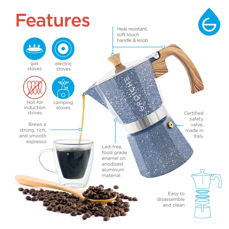 GROSCHE Milano Moka pot, Stovetop Espresso maker, Greca Coffee Maker, Stovetop coffee maker and espresso maker percolator (Indigo, 6 cup) - Image 3