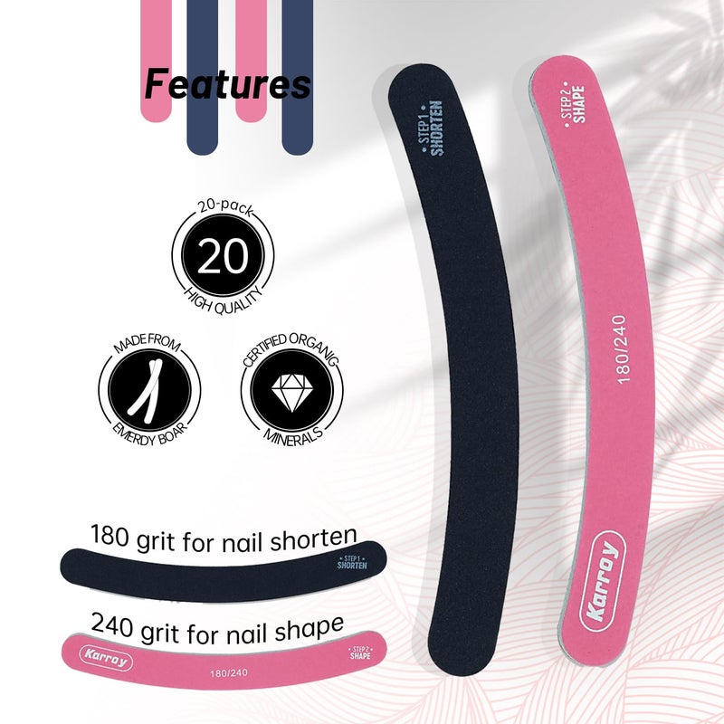 Karroy Nail File 20pcs Dual Sided Nail Files for Natural Nails Emery Boards Nail Filer for Acrylic Nail 180/240 Grit - Image 2