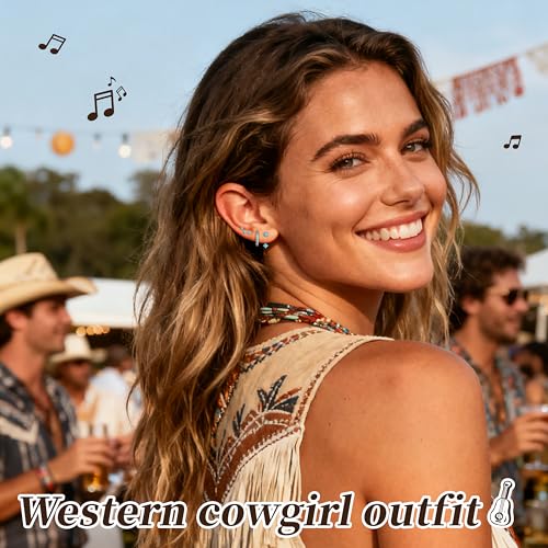 Poxtex Turquoise Earrings for Women, Gold Western Country Jewelry Stud Huggie Hoop Jacket Earring Stack, Cowboy Chic Gifts Summer Accessories - Image 3
