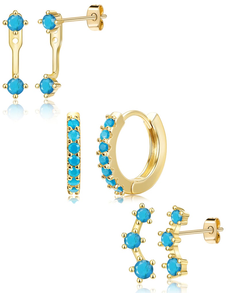 Poxtex Turquoise Earrings for Women, Gold Western Country Jewelry Stud Huggie Hoop Jacket Earring Stack, Cowboy Chic Gifts Summer Accessories - Image 1