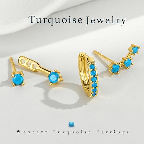 Poxtex Turquoise Earrings for Women, Gold Western Country Jewelry Stud Huggie Hoop Jacket Earring Stack, Cowboy Chic Gifts Summer Accessories - Image 5