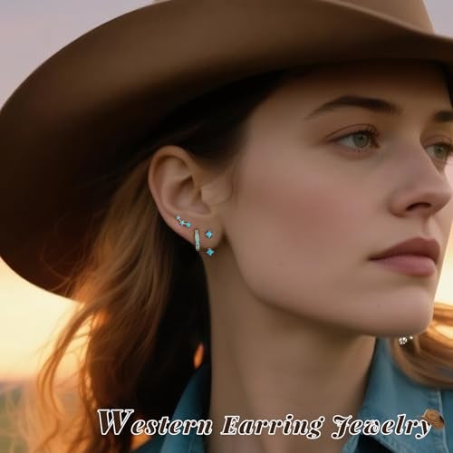 Poxtex Turquoise Earrings for Women, Gold Western Country Jewelry Stud Huggie Hoop Jacket Earring Stack, Cowboy Chic Gifts Summer Accessories - Image 4