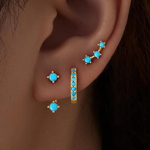 Poxtex Turquoise Earrings for Women, Gold Western Country Jewelry Stud Huggie Hoop Jacket Earring Stack, Cowboy Chic Gifts Summer Accessories - Image 2