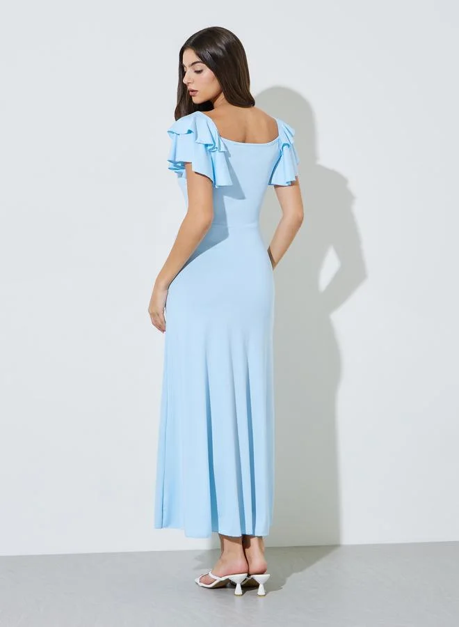 Styli  Blue Solid Ruffle Sleeves A-Line Maxi Dress for Women | Best Price UAE