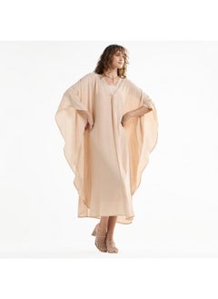 FAV Solid Midi Kaftan Dress with Long Sleeves and Lace Detail  - Image 2