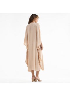 FAV Solid Midi Kaftan Dress with Long Sleeves and Lace Detail  - Image 3
