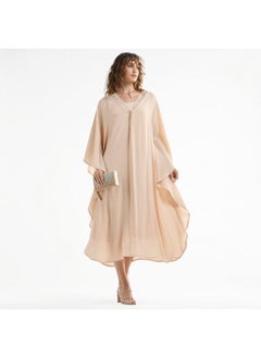 FAV Solid Midi Kaftan Dress with Long Sleeves and Lace Detail  - Image 1