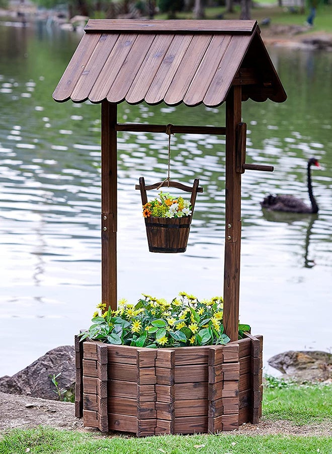 Hometaste Rustic Wooden Wishing Well Planter With Hanging Bucket – Large Decorative Flower Pot For Indoor And Outdoor Garden Decor