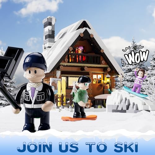 FUNWHOLE Christmas SkiCabin Lighting BuildingBricksSet Retro Christmas Winter Snow House Collection LED Light Building Construction Holiday Model Set 2187 Pcs for Adults and Teen - Image 5