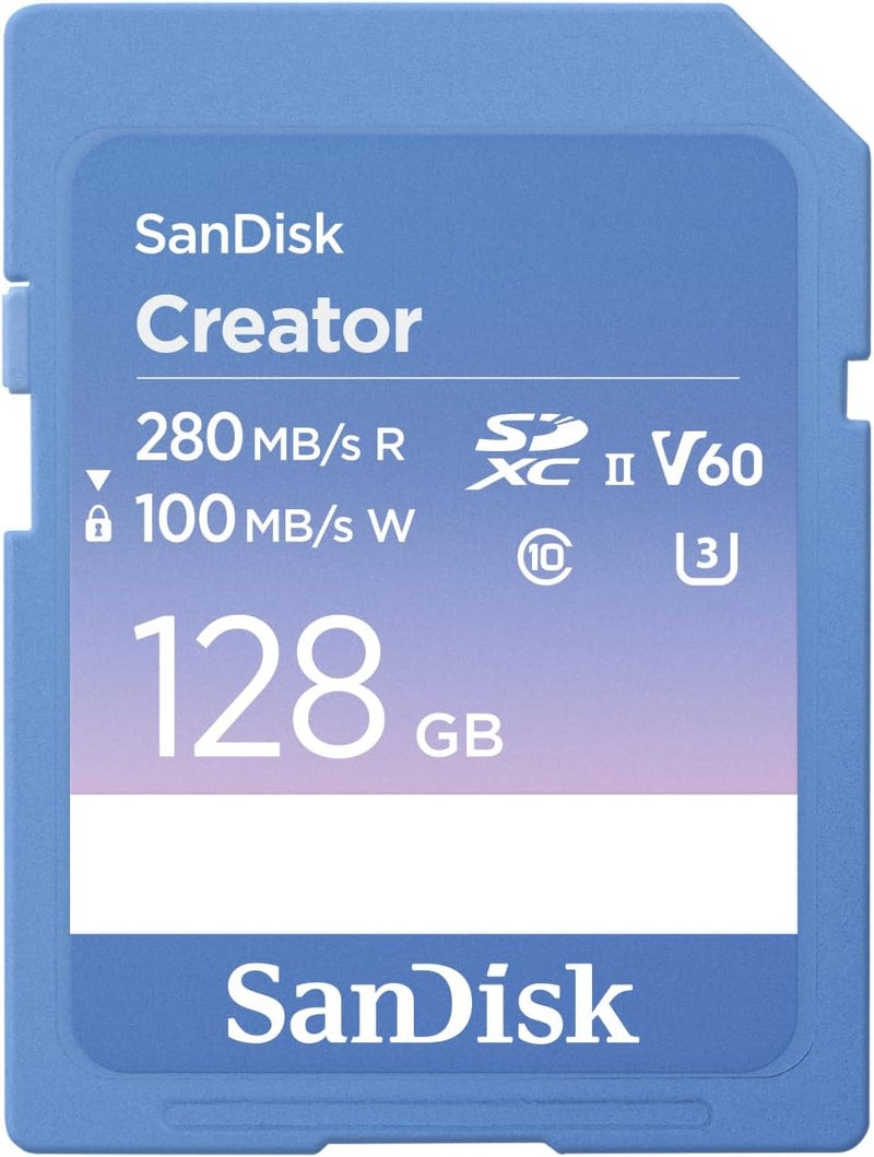 sandisk Creator 128GB SD UHS-II Memory Card for DSLR and Mirrorless Cameras, 6K Video, V60, UHS-II, 280MB/s Read, RescuePRO Deluxe, Adobe Creative Cloud 128 GB - Image 1