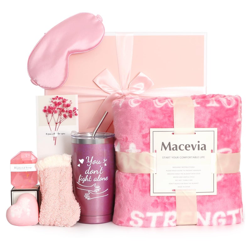 MACEVIA Breast Cancer Care Package Gift Box for Women - Get Well Soon Gifts Basket Inspirational with Breast Cancer Blanket Throw, Tumbler Cup, Socks, Eye Mask, Bath Set for Cancer Patients (Pink 02) - Image 1