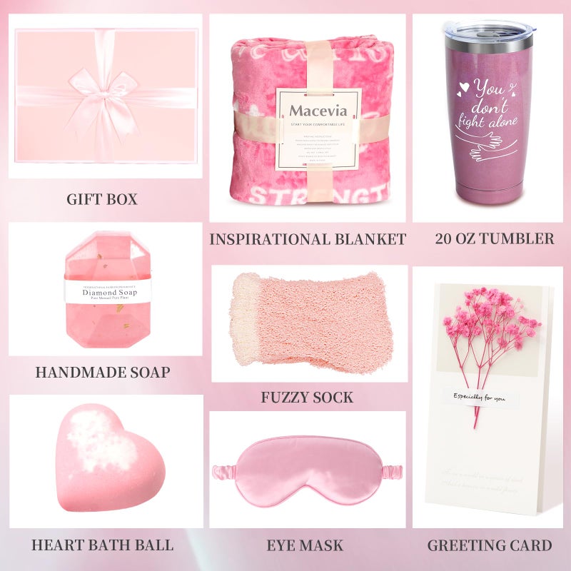 MACEVIA Breast Cancer Care Package Gift Box for Women - Get Well Soon Gifts Basket Inspirational with Breast Cancer Blanket Throw, Tumbler Cup, Socks, Eye Mask, Bath Set for Cancer Patients (Pink 02) - Image 2