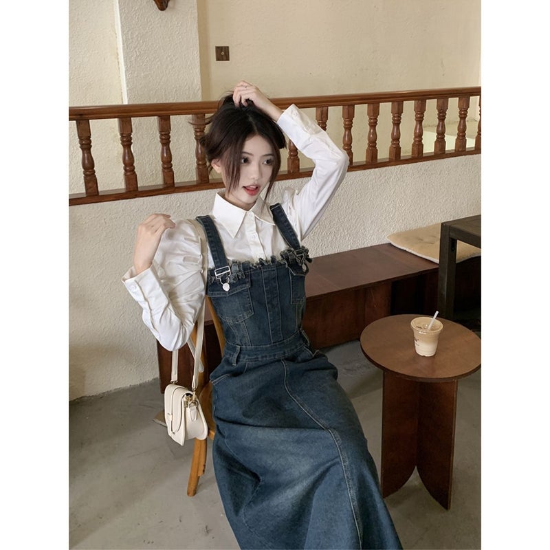2023 Spring Denim Overalls Dress Slimming White Shirt - Image 1