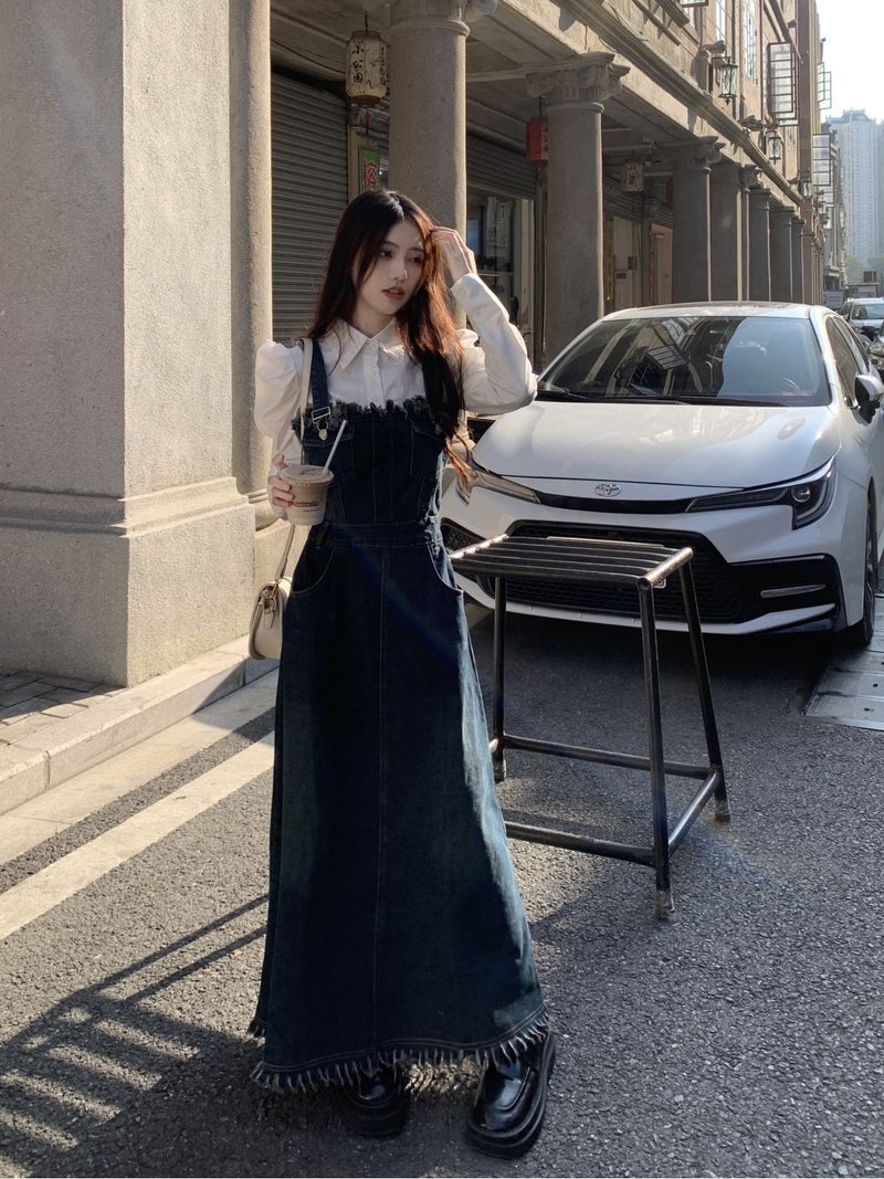 2023 Spring Denim Overalls Dress Slimming White Shirt - Image 3