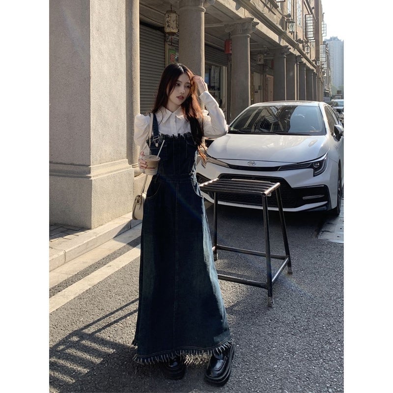 2023 Spring Denim Overalls Dress Slimming White Shirt - Image 2