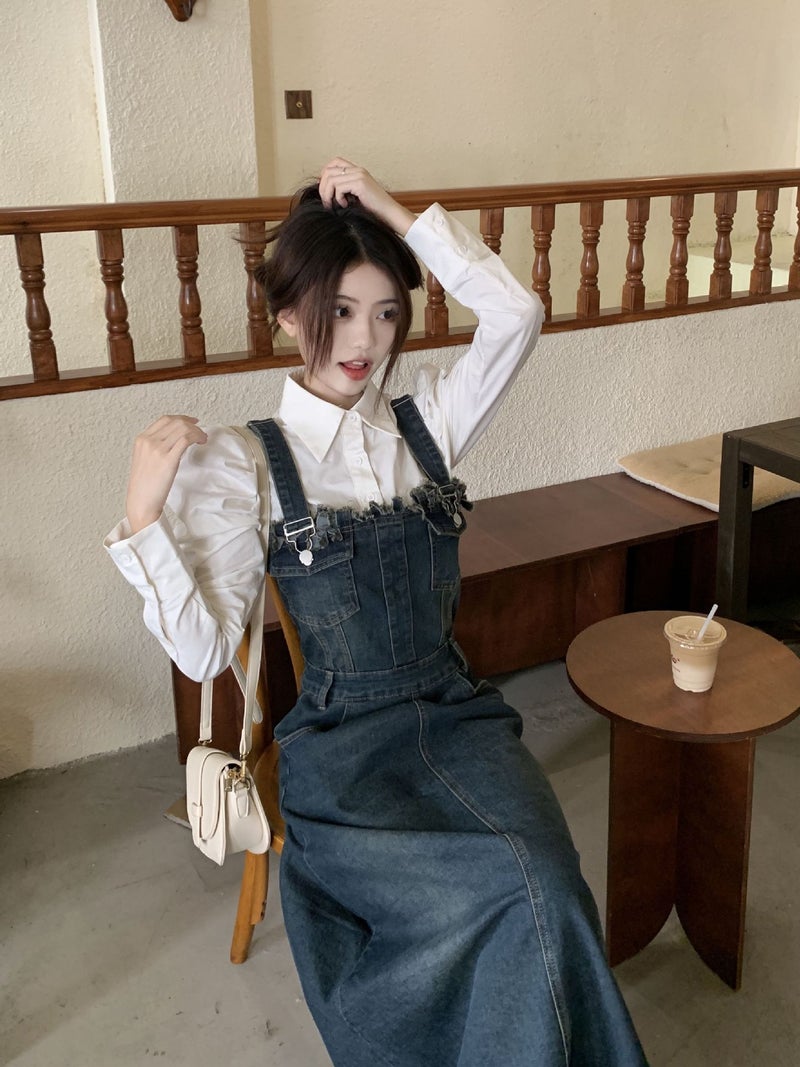 2023 Spring Denim Overalls Dress Slimming White Shirt - Image 5