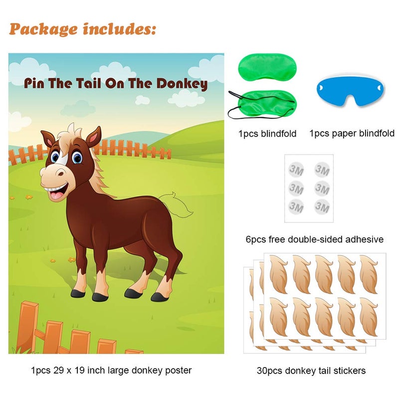 Hxezoc Pin The Tail On The Donkey Party Game with 30 Pcs Tails Large Donkey Games Poster for Kids Birthday Party Carnival Party Supplies - Image 5