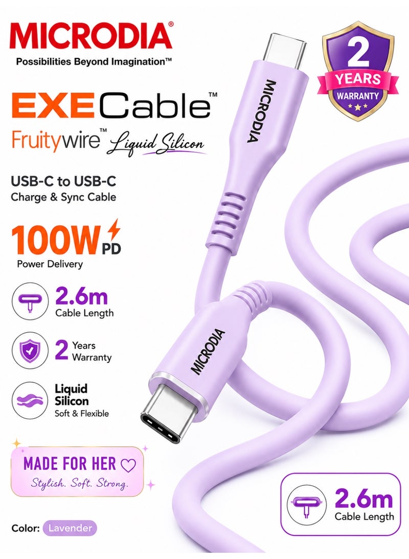 ميكروديا كابل شحن سريع USB-C إلى USB-C من [[MICRODIA]] Fruitywire المصنوع من السيليكون السائل بقدرة 100 واط، سلك نقل بيانات مرن وغير سام لأجهزة الكمبيوتر المحمولة والأجهزة اللوحية والهواتف الذكية (2.6 متر) - لون لافندر - Image 1