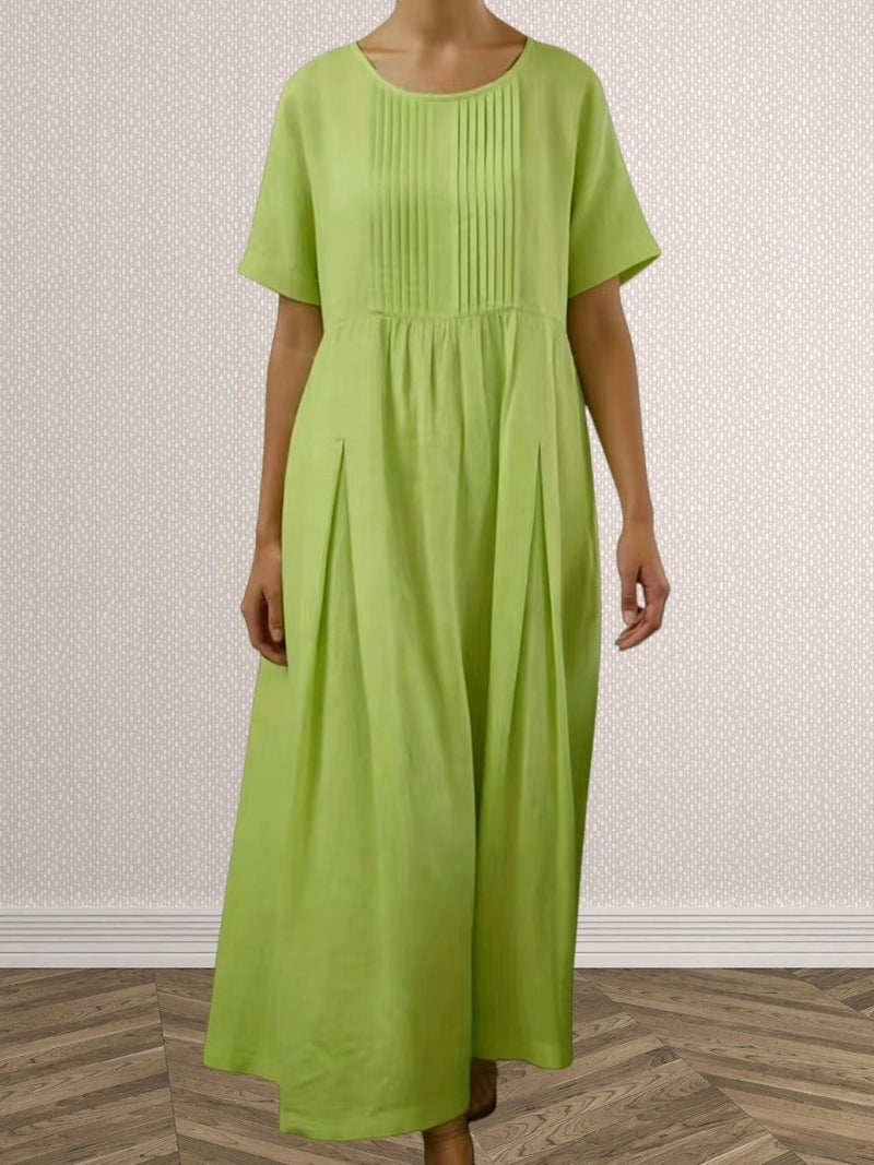 2026 Women's Pleated Solid Cotton-Linen Short Sleeve Midi Dress - Image 4