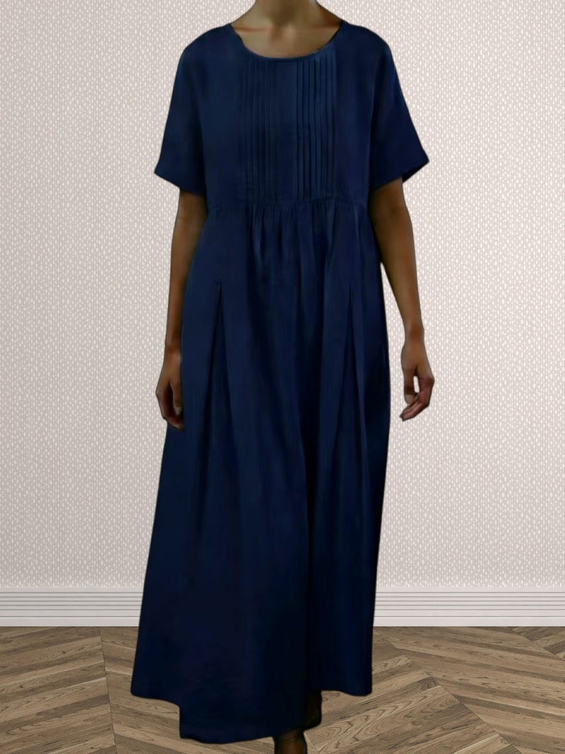 2026 Women's Pleated Solid Cotton-Linen Short Sleeve Midi Dress - Image 3