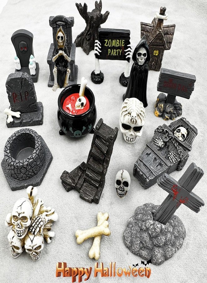Suartus Halloween Miniature Figurines - 18Pcs Resin Ghost Tombstones Skull Heads Scene Ornaments Halloween Garden Accessories Mini Figurine Decorations for Outdoor Statues Home Village Crafts Decor - Image 2