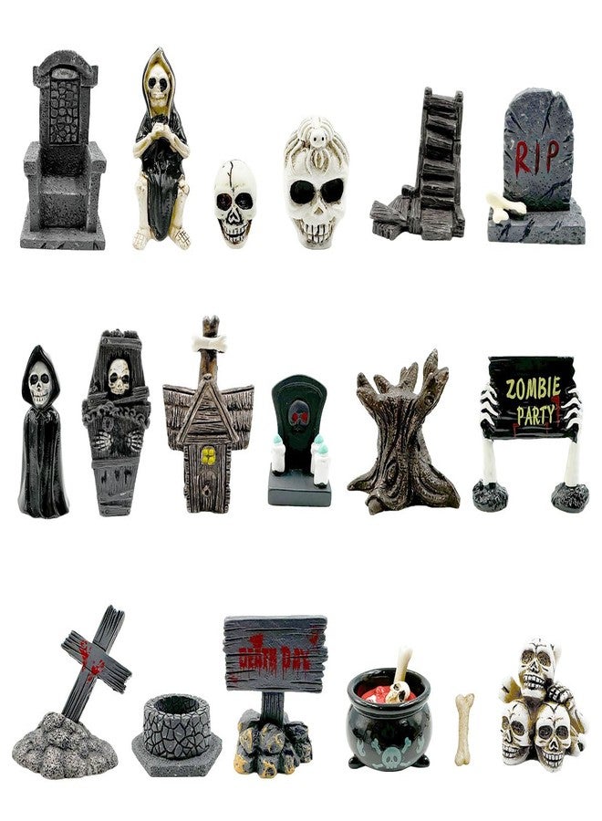 Suartus Halloween Miniature Figurines - 18Pcs Resin Ghost Tombstones Skull Heads Scene Ornaments Halloween Garden Accessories Mini Figurine Decorations for Outdoor Statues Home Village Crafts Decor - Image 1