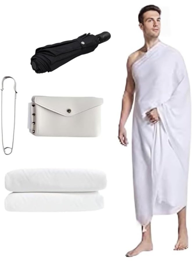 Ahram Towels for Mens - Hajj & Umrah Ihram - Ehram for Islamic Pilgrimage - Belt with Built-in Bag & Pins & Umbrella (Ahram Bag with Built-in Belt Bag & Pins) - Image 1