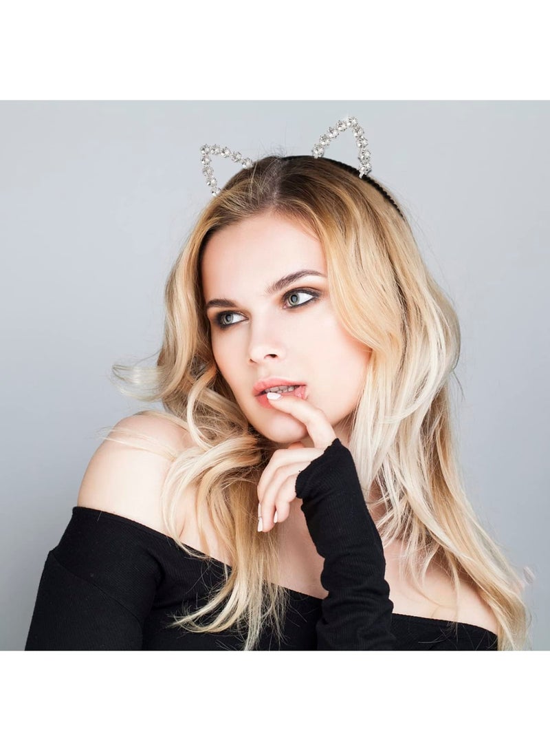 SYOSI 3 Pack Cat Ears Headband, Cat Hair Bands Crystal Hair Hoop, Stretchy Fabric & Comfortable for Women, Party Decoration Headdress Cosplay Costume Headwear Handmade Headpiece Makeup Hair - Image 3