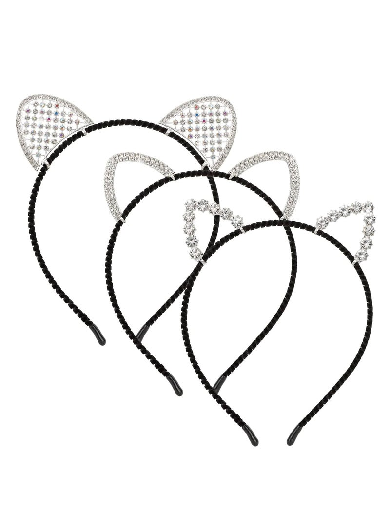 SYOSI 3 Pack Cat Ears Headband, Cat Hair Bands Crystal Hair Hoop, Stretchy Fabric & Comfortable for Women, Party Decoration Headdress Cosplay Costume Headwear Handmade Headpiece Makeup Hair - Image 1