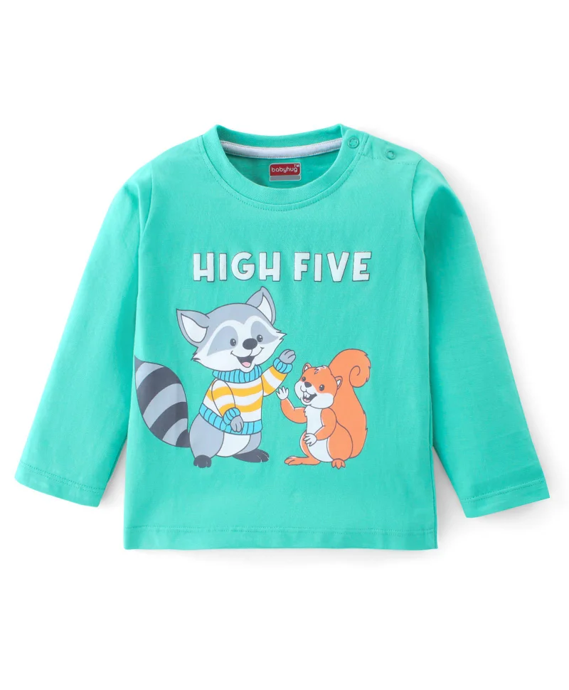 babyhug Babyhug 100% Cotton Knit Full Sleeves T-Shirt With Racoon Graphic - Blue