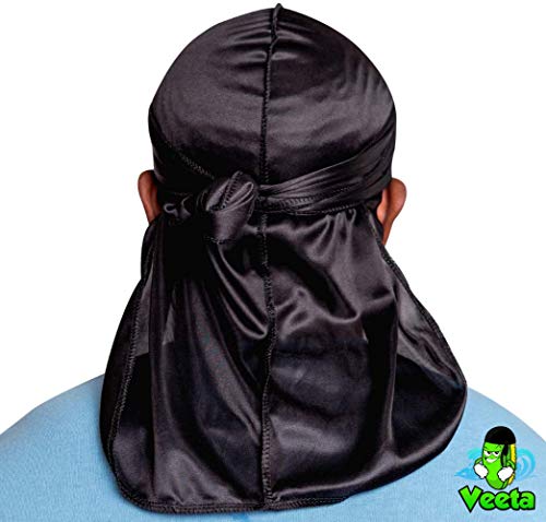 Veeta Superior Silk Durag - Smooth Silk Durag for Men & Women, Long Double Wide Straps, Outside Seam Triple Stitch Du Rag (Black) - Image 2